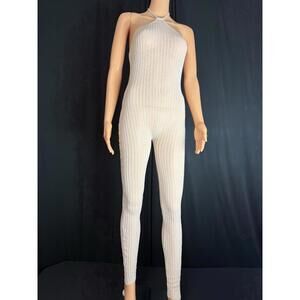 Pretty little thing cream sheer knit halter neck jumpsuit medium
